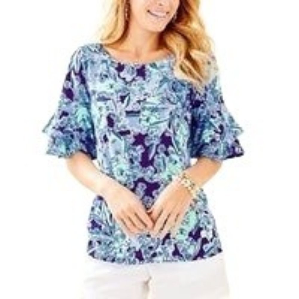 Lilly Pulitzer Lula Short Sleeve Top Ruffles - Elephant Appeal